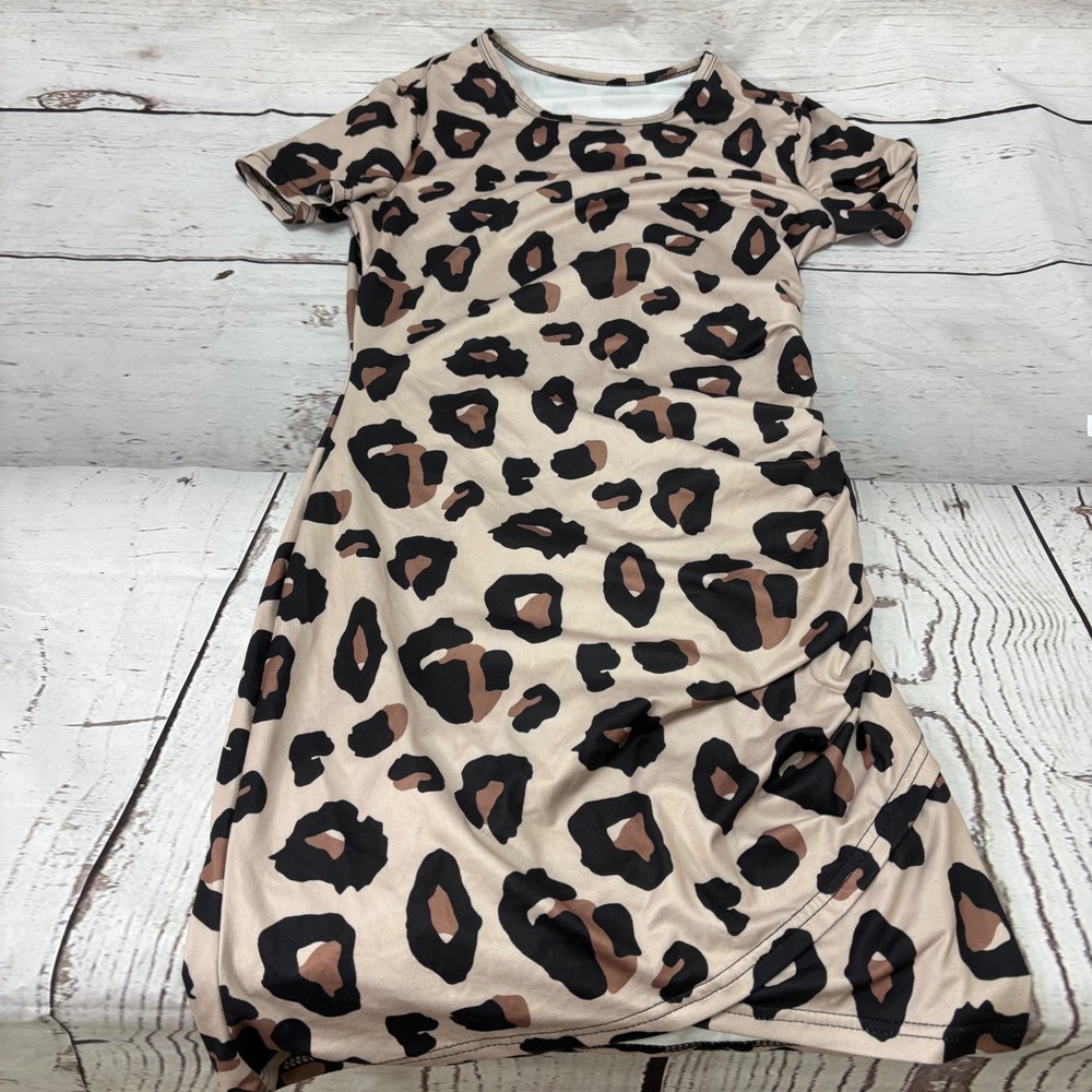 Shein Womens Leopard Print Ruched Bodycon Dress Short Sleeve Tan Black Size M